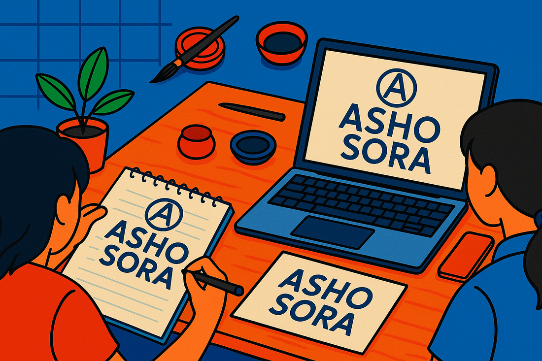 Two people working together on ASHO SORA branding, one handwriting the logo on paper, the other editing it on a laptop, with traditional Japanese design tools around them.