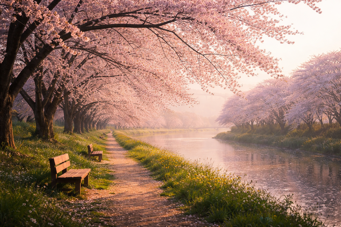 Cherry blossoms (sakura) in full bloom along a riverside path in Japan, capturing the beauty and meaning of spring.