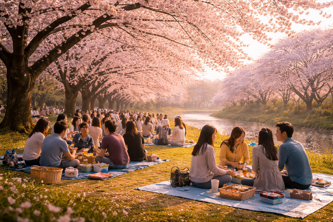 Hanami in Japan with people gathering under cherry blossoms, enjoying food and conversation during the spring season.