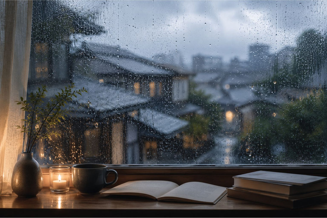 A quiet indoor scene during Japan’s early summer rainy season, featuring rain covered windows, soft evening light, books, a candle, and a warm cup beside a calm rainy street view.