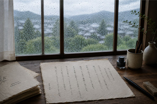 A calm rainy season workspace in Japan featuring handmade washi paper with vertical Japanese handwriting, soft rain droplets on a large window, ink tools, and a quiet wooden desk illuminated by gentle natural light.