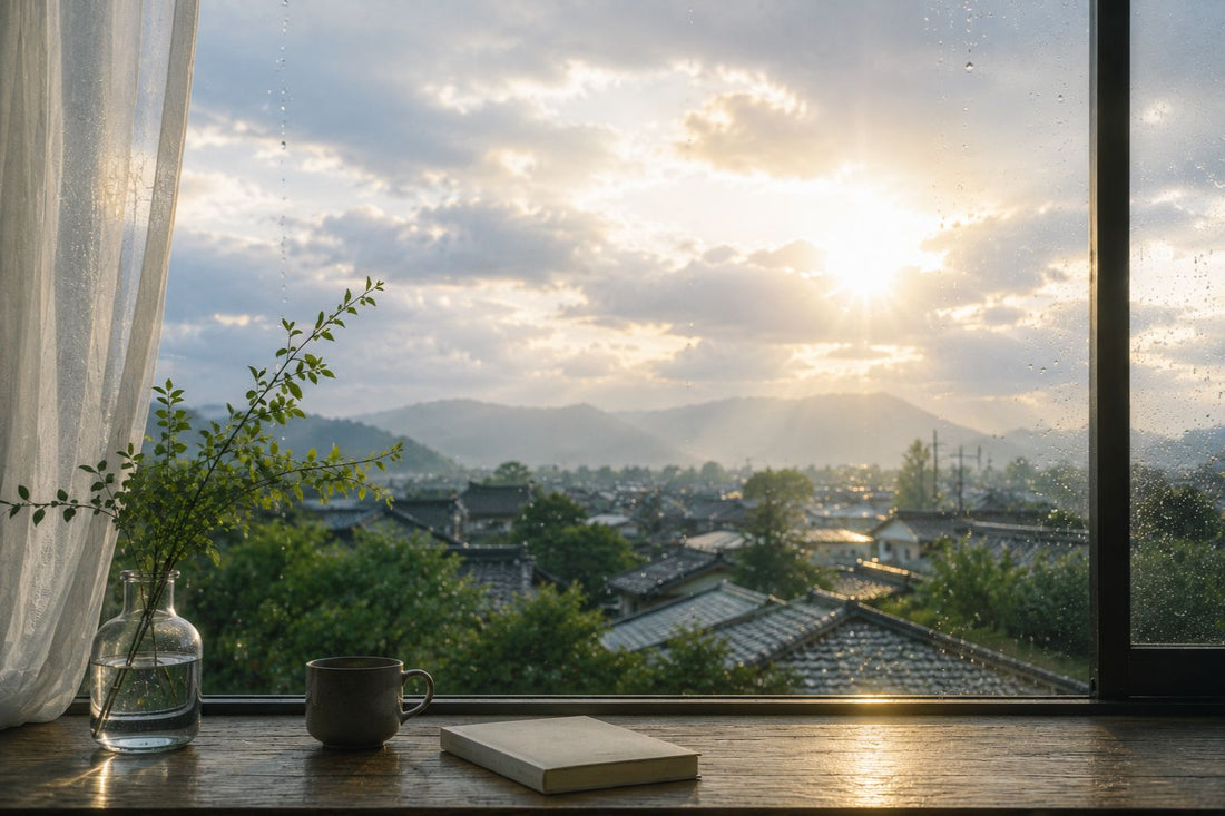 A quiet post rain view from a Japanese interior window, featuring soft sunlight breaking through cloudy skies, gentle rain droplets on the glass, and a calm landscape of rooftops and distant hills as rainy season slowly begins to fade.