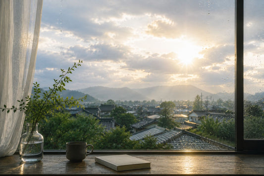 A quiet post rain view from a Japanese interior window, featuring soft sunlight breaking through cloudy skies, gentle rain droplets on the glass, and a calm landscape of rooftops and distant hills as rainy season slowly begins to fade.