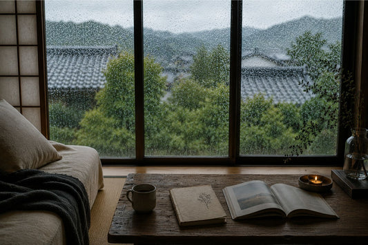 A calm Japanese inspired interior during rainy season, featuring soft rain droplets on large windows, muted natural light, a low wooden table, candlelight, books, and a quiet indoor atmosphere overlooking a misty landscape.