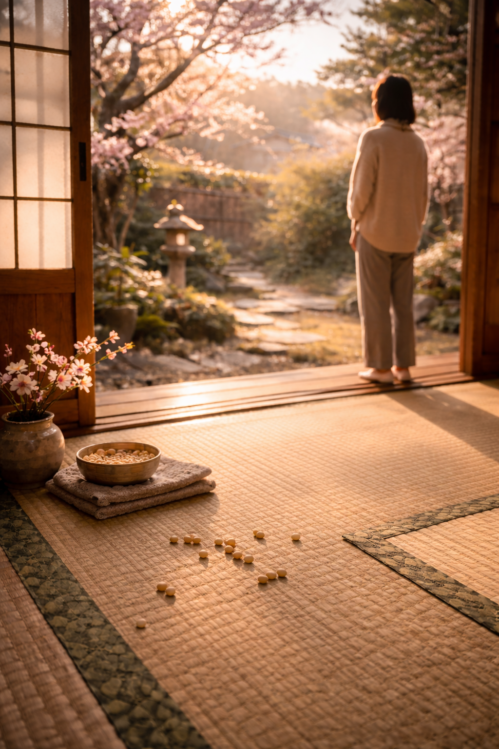 A quiet moment after Setsubun inside a traditional Japanese home, with a few roasted soybeans on the tatami floor while a person looks out toward a garden beginning to bloom with cherry blossoms.