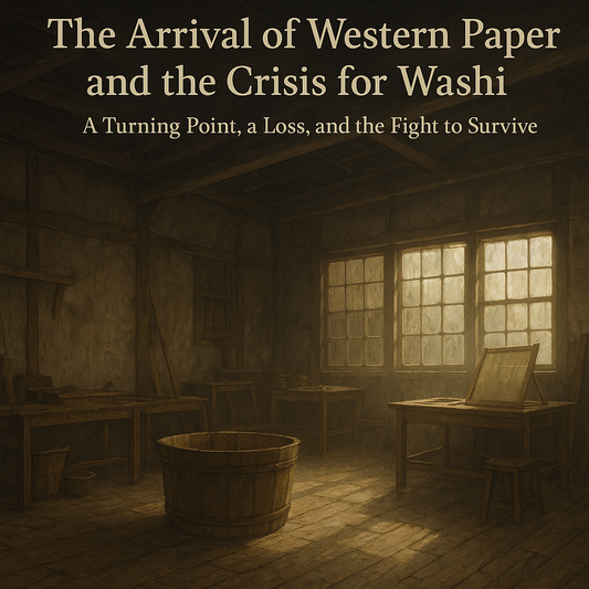 An abandoned Japanese washi workshop lit by soft, fading light through old windows, symbolizing the decline of traditional papermaking during the rise of Western paper in the Meiji era.