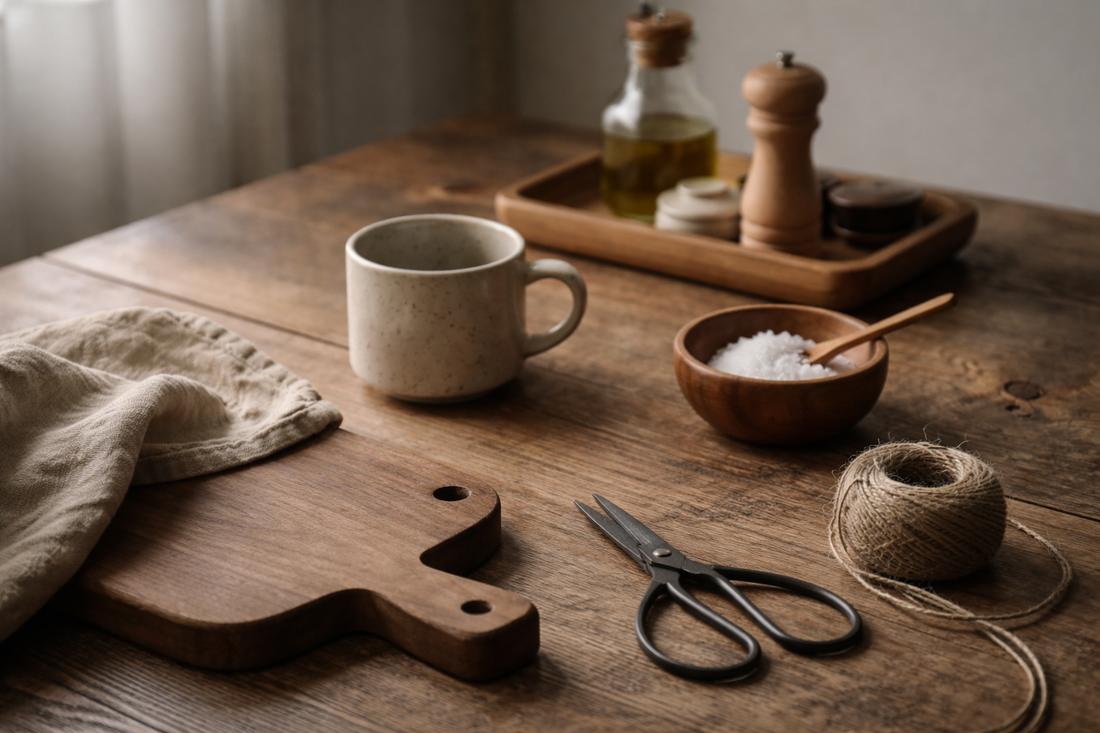 A quiet still life of everyday tools on a wooden table, showing simple objects chosen for daily use and care
