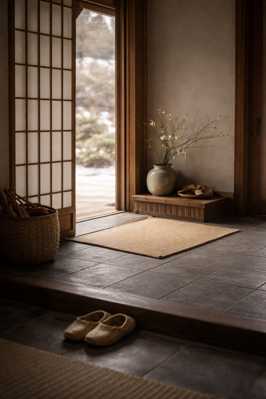 Soft winter light entering a quiet Japanese entrance, marking a calm moment before the arrival of spring
