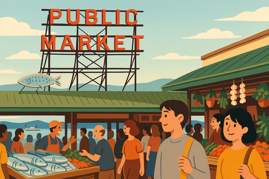 A colorful digital illustration of Seattle’s Pike Place Market, featuring lively food stalls, fresh produce, and bustling shoppers under the iconic market sign. The style evokes a sense of vibrant energy and cultural charm.