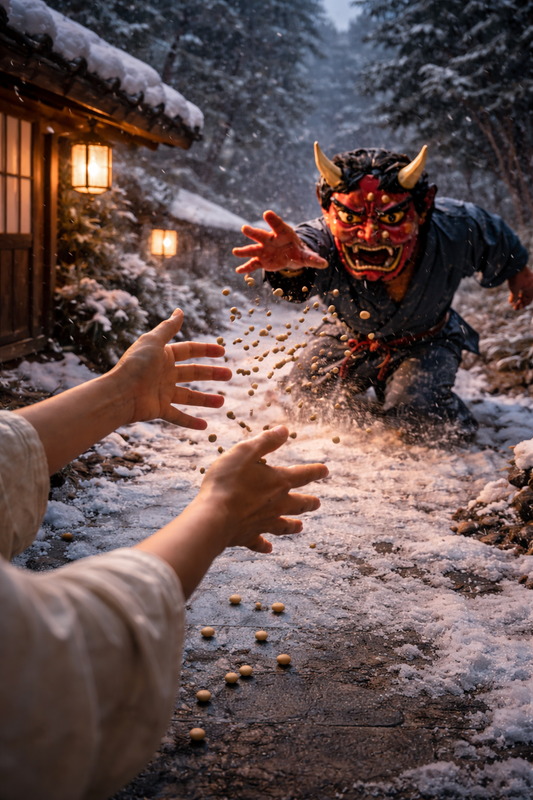Hands throwing roasted soybeans toward an oni on a snowy village path during Setsubun