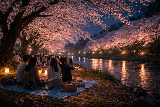 Night cherry blossoms in Japan with people enjoying hanami under illuminated sakura trees beside a river.