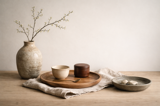 A calm still life of carefully chosen objects arranged with space and intention