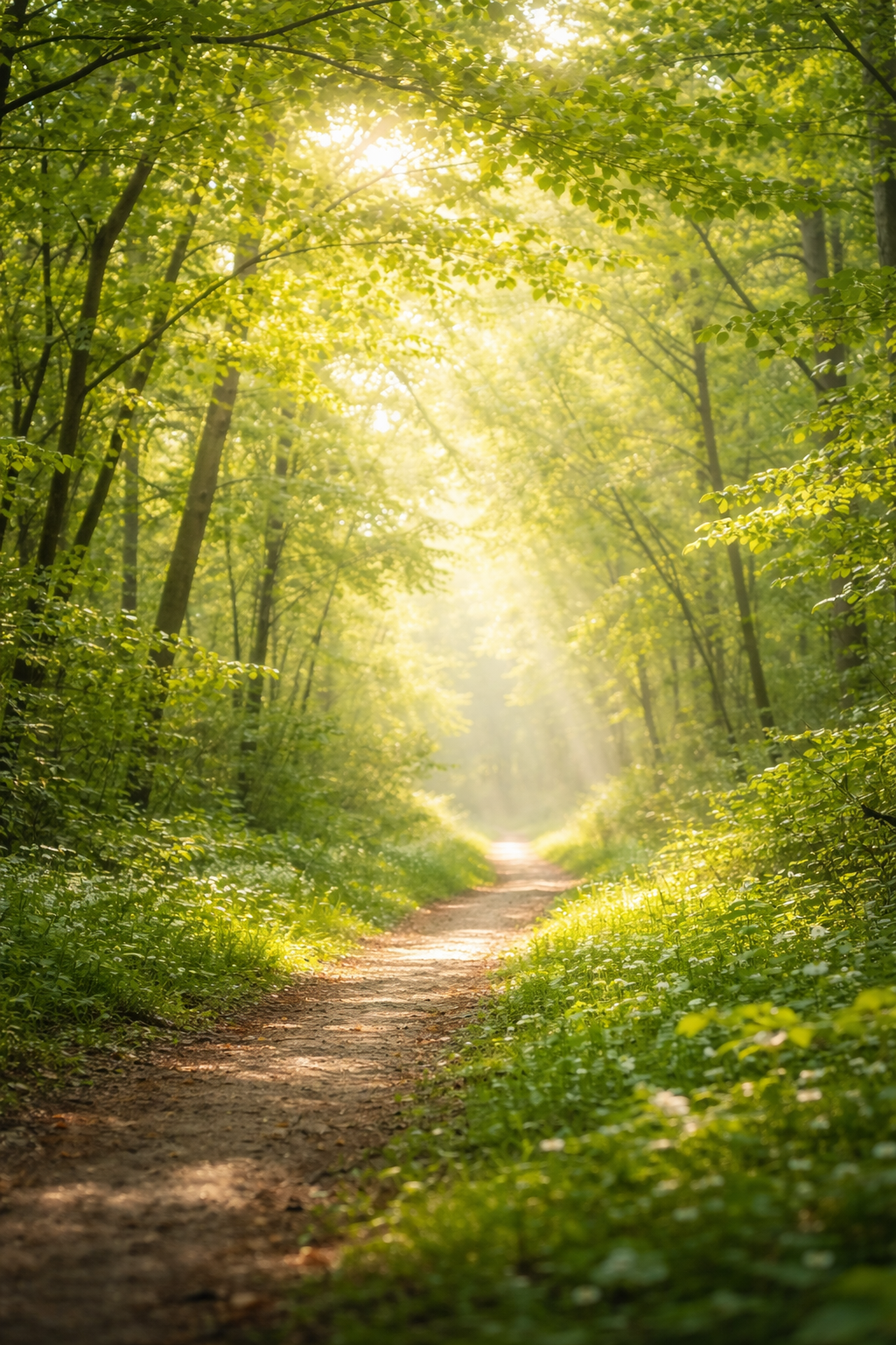 Sunlight filtering through fresh green leaves along a quiet forest path in early spring Japan