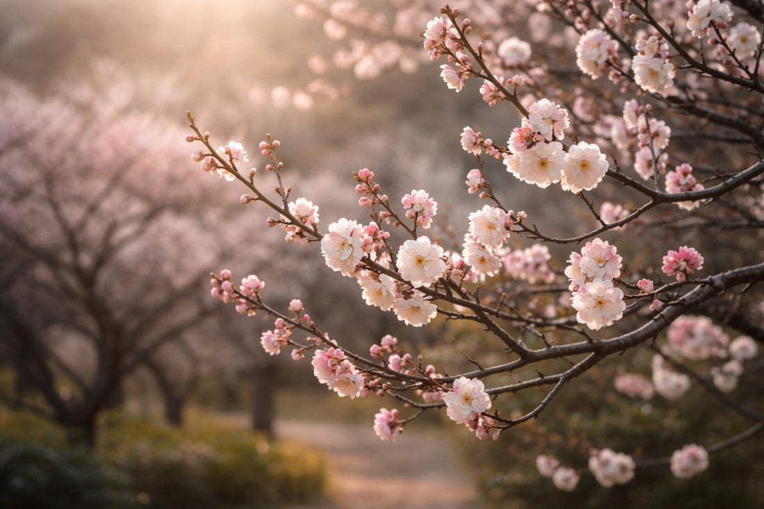 Japanese plum blossoms (ume) blooming in early spring, delicate pink flowers on branches in warm sunlight.