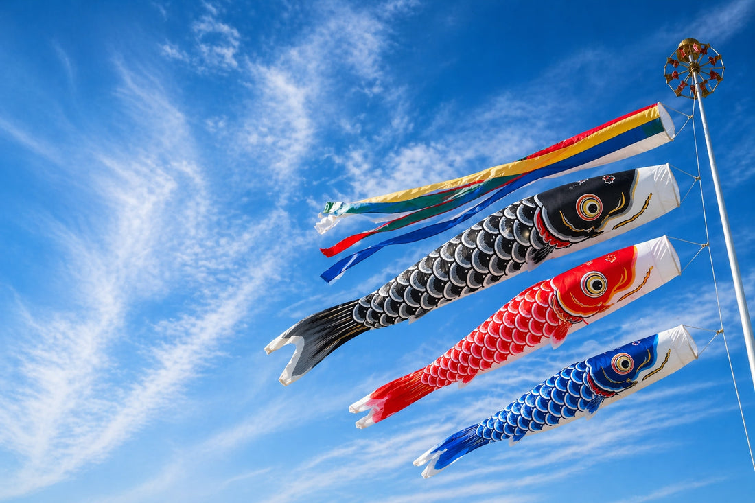 Koinobori carp streamers swimming against the wind in a bright blue sky in Japan