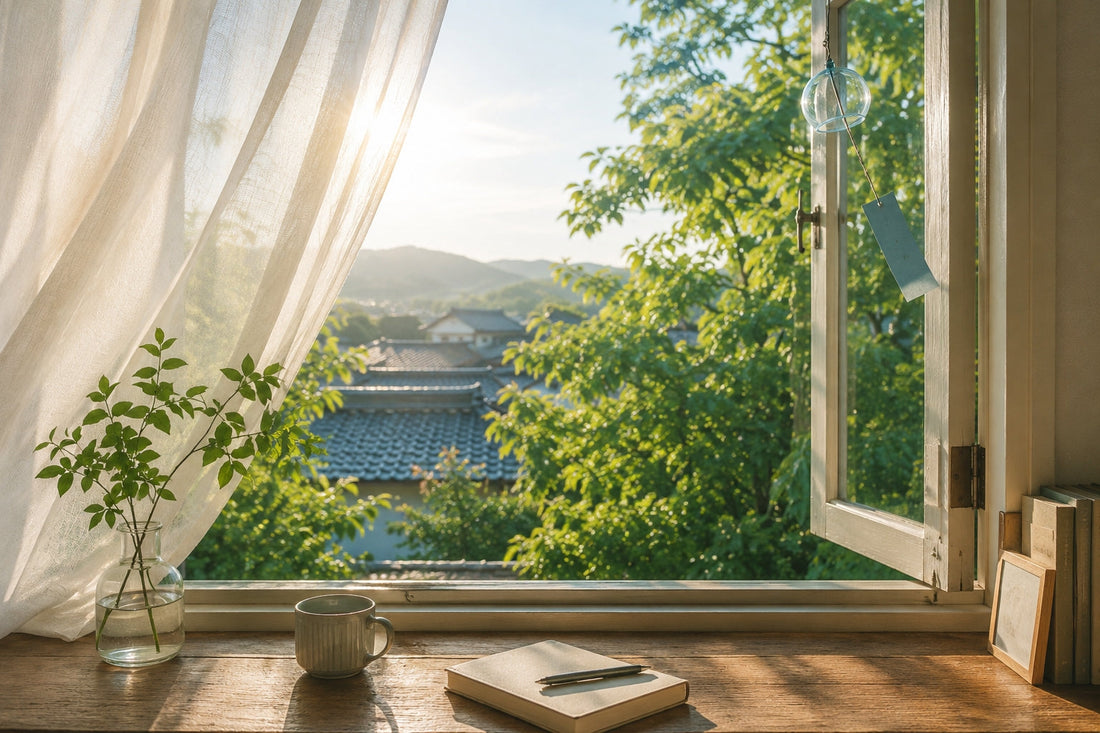A peaceful July morning viewed from inside a Japanese home, featuring soft sunlight streaming through an open window, gently flowing sheer curtains, lush green trees, and a quiet wooden desk with a notebook and cup, capturing the calm beginning of summer.