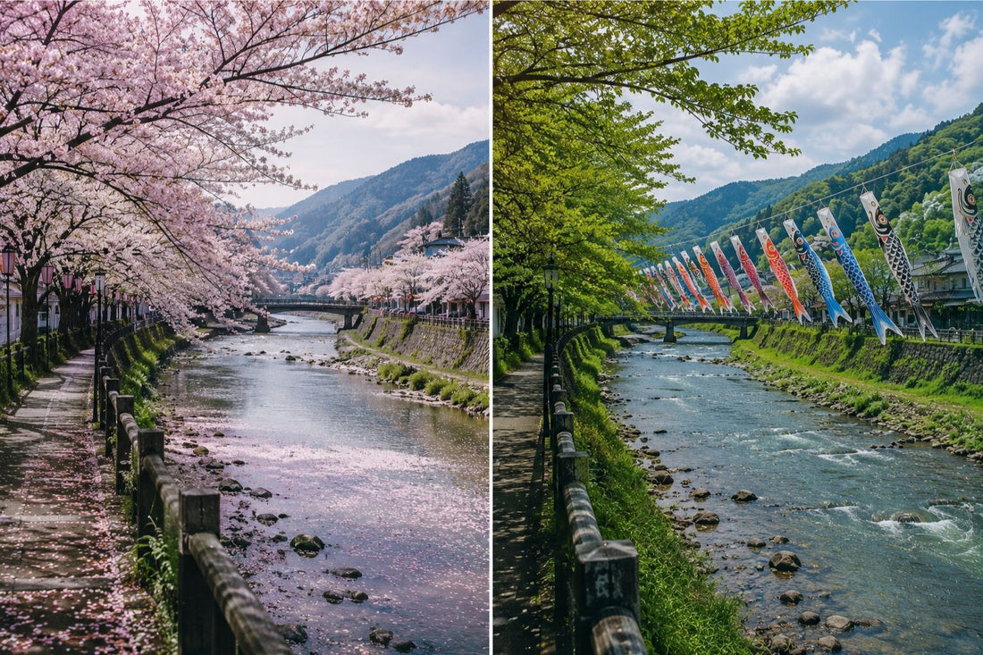 Split seasonal view of a quiet Japanese riverside showing cherry blossoms in spring and koinobori above fresh green trees in late spring